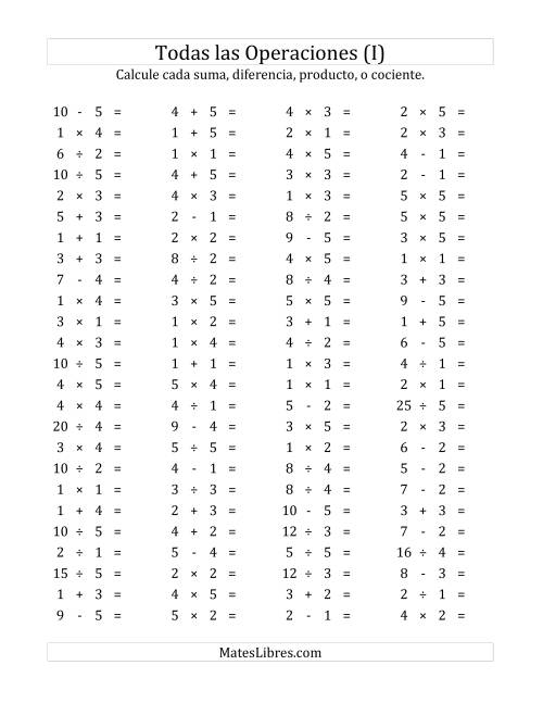 La hoja de ejercicios de 100 Preguntas Horizontales de Suma, Resta, Multiplicación y División (de 1 a 5) (I)