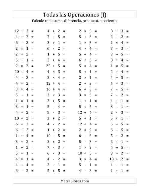 La hoja de ejercicios de 100 Preguntas Horizontales de Suma, Resta, Multiplicación y División (de 1 a 5) (J)