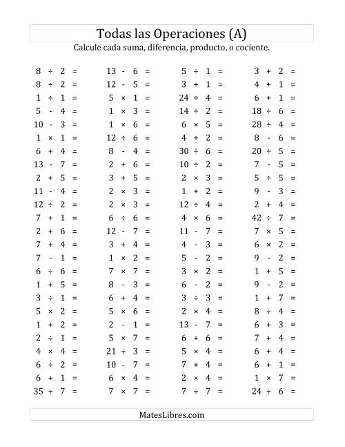 La hoja de ejercicios de 100 Preguntas Horizontales de Suma, Resta, Multiplicación y División (de 1 a 7) (A)