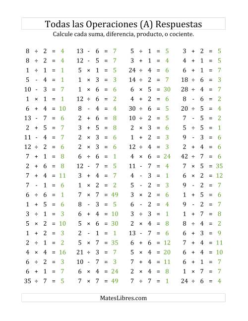 La hoja de ejercicios de 100 Preguntas Horizontales de Suma, Resta, Multiplicación y División (de 1 a 7) (A) Página 2