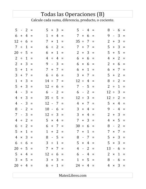 La hoja de ejercicios de 100 Preguntas Horizontales de Suma, Resta, Multiplicación y División (de 1 a 7) (B)