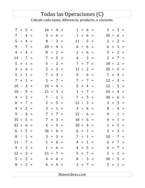 La hoja de ejercicios de 100 Preguntas Horizontales de Suma, Resta, Multiplicación y División (de 1 a 7) (C)
