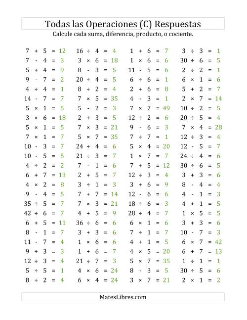 La hoja de ejercicios de 100 Preguntas Horizontales de Suma, Resta, Multiplicación y División (de 1 a 7) (C) Página 2