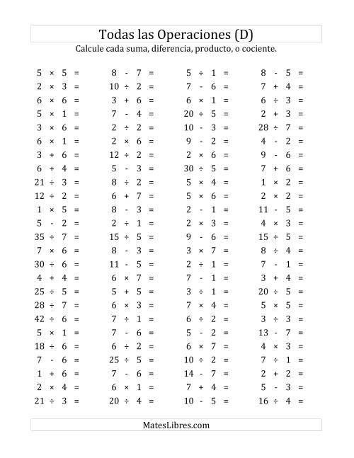 La hoja de ejercicios de 100 Preguntas Horizontales de Suma, Resta, Multiplicación y División (de 1 a 7) (D)