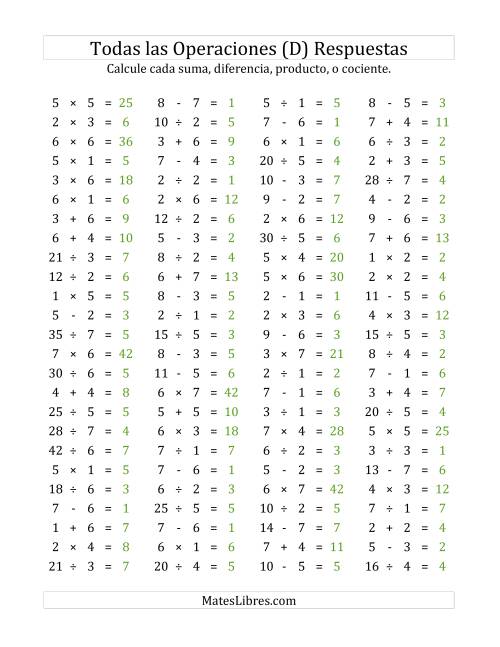 La hoja de ejercicios de 100 Preguntas Horizontales de Suma, Resta, Multiplicación y División (de 1 a 7) (D) Página 2