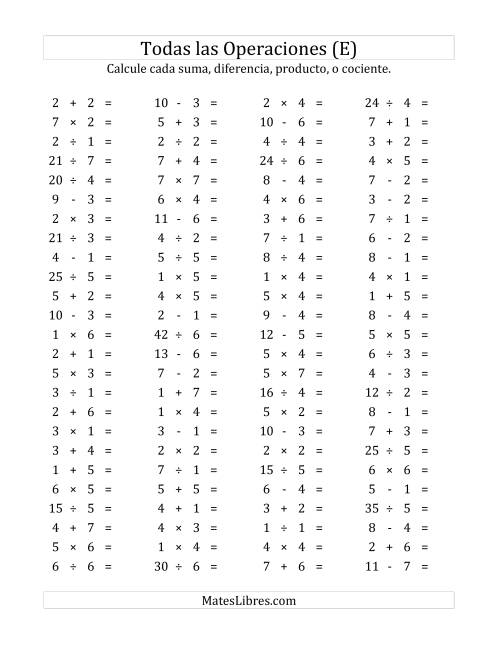 La hoja de ejercicios de 100 Preguntas Horizontales de Suma, Resta, Multiplicación y División (de 1 a 7) (E)