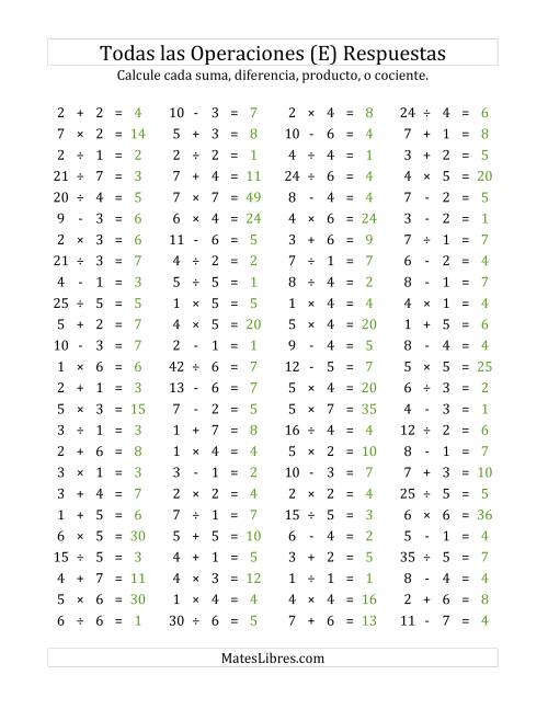La hoja de ejercicios de 100 Preguntas Horizontales de Suma, Resta, Multiplicación y División (de 1 a 7) (E) Página 2