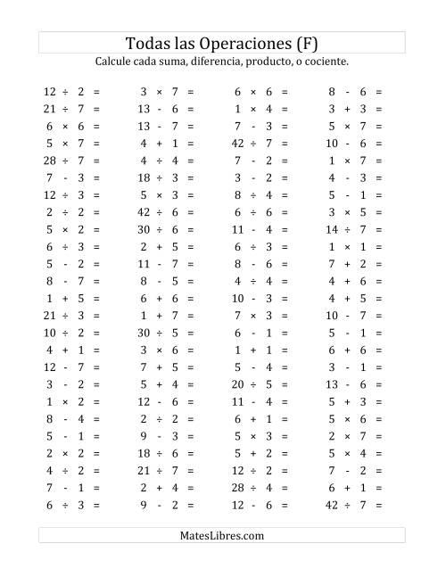 La hoja de ejercicios de 100 Preguntas Horizontales de Suma, Resta, Multiplicación y División (de 1 a 7) (F)