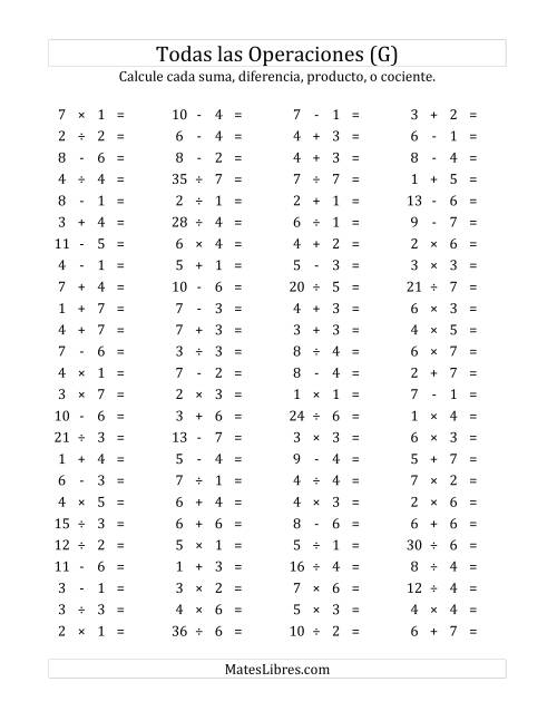 La hoja de ejercicios de 100 Preguntas Horizontales de Suma, Resta, Multiplicación y División (de 1 a 7) (G)