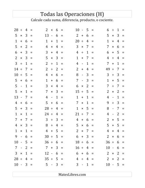 La hoja de ejercicios de 100 Preguntas Horizontales de Suma, Resta, Multiplicación y División (de 1 a 7) (H)