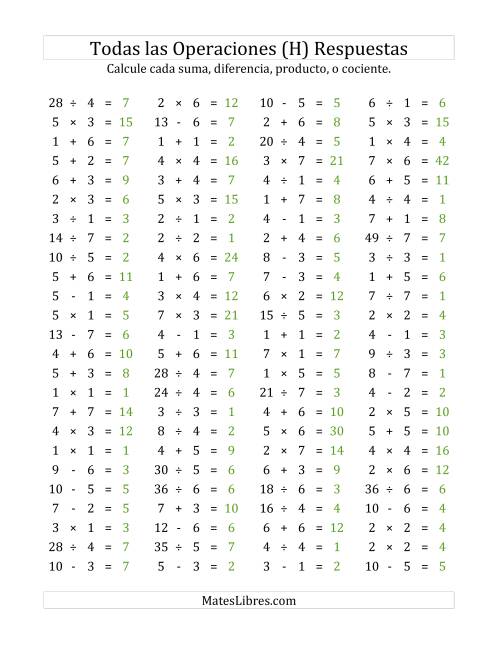 La hoja de ejercicios de 100 Preguntas Horizontales de Suma, Resta, Multiplicación y División (de 1 a 7) (H) Página 2