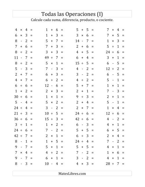 La hoja de ejercicios de 100 Preguntas Horizontales de Suma, Resta, Multiplicación y División (de 1 a 7) (I)