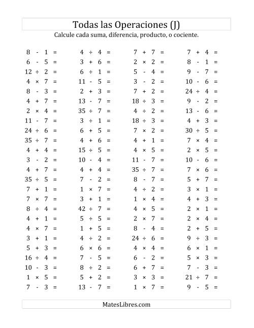 La hoja de ejercicios de 100 Preguntas Horizontales de Suma, Resta, Multiplicación y División (de 1 a 7) (J)
