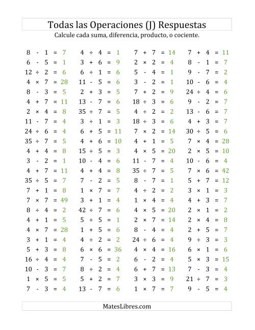 La hoja de ejercicios de 100 Preguntas Horizontales de Suma, Resta, Multiplicación y División (de 1 a 7) (J) Página 2