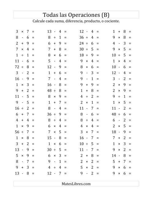 La hoja de ejercicios de 100 Preguntas Horizontales de Suma, Resta, Multiplicación y División (de 1 a 9) (B)
