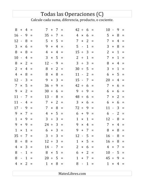 La hoja de ejercicios de 100 Preguntas Horizontales de Suma, Resta, Multiplicación y División (de 1 a 9) (C)