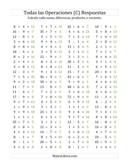 La hoja de ejercicios de 100 Preguntas Horizontales de Suma, Resta, Multiplicación y División (de 1 a 9) (C) Página 2
