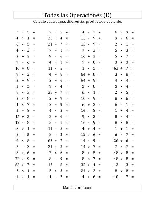 La hoja de ejercicios de 100 Preguntas Horizontales de Suma, Resta, Multiplicación y División (de 1 a 9) (D)