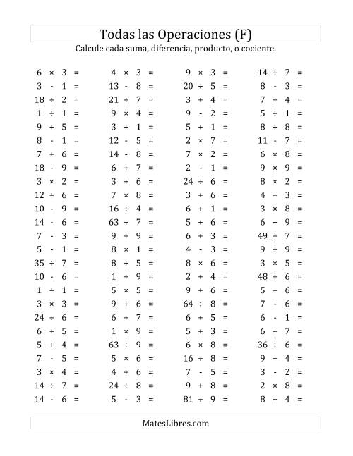 La hoja de ejercicios de 100 Preguntas Horizontales de Suma, Resta, Multiplicación y División (de 1 a 9) (F)
