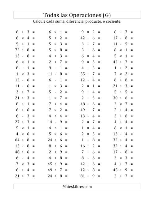 La hoja de ejercicios de 100 Preguntas Horizontales de Suma, Resta, Multiplicación y División (de 1 a 9) (G)