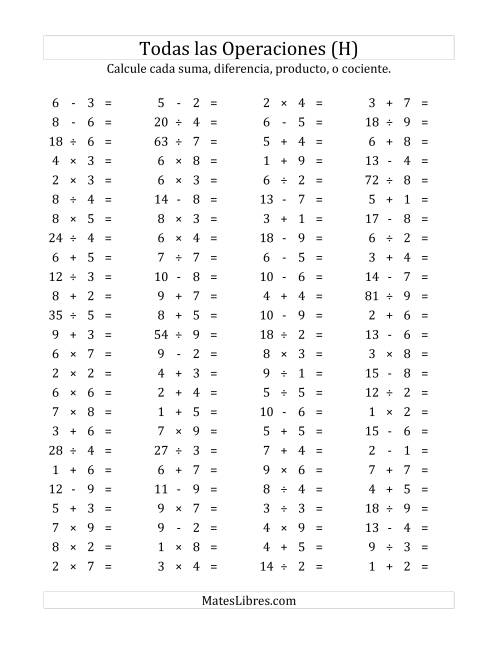 La hoja de ejercicios de 100 Preguntas Horizontales de Suma, Resta, Multiplicación y División (de 1 a 9) (H)