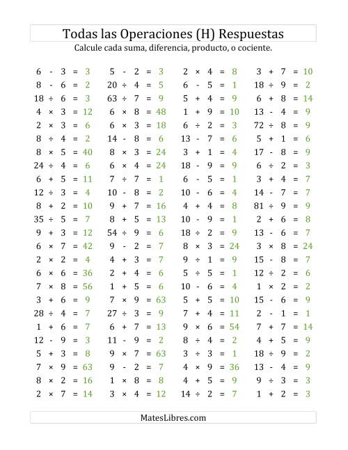 La hoja de ejercicios de 100 Preguntas Horizontales de Suma, Resta, Multiplicación y División (de 1 a 9) (H) Página 2