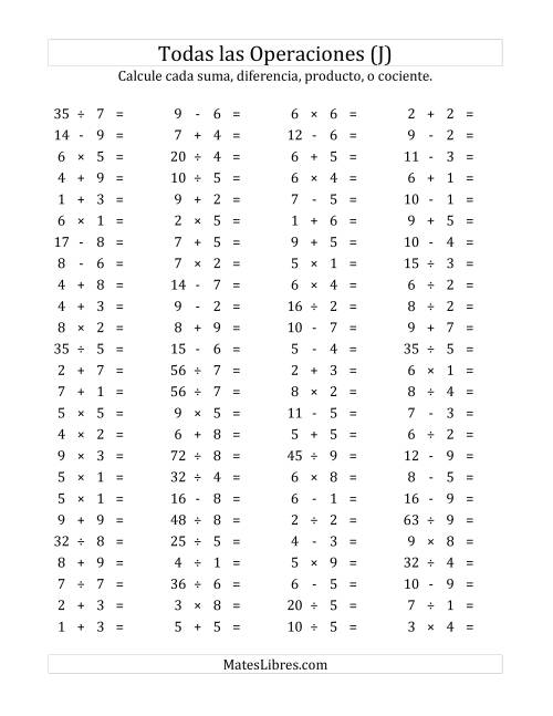 La hoja de ejercicios de 100 Preguntas Horizontales de Suma, Resta, Multiplicación y División (de 1 a 9) (J)