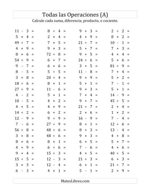 La hoja de ejercicios de 100 Preguntas Horizontales de Suma, Resta, Multiplicación y División (de 1 a 9) (Todas)