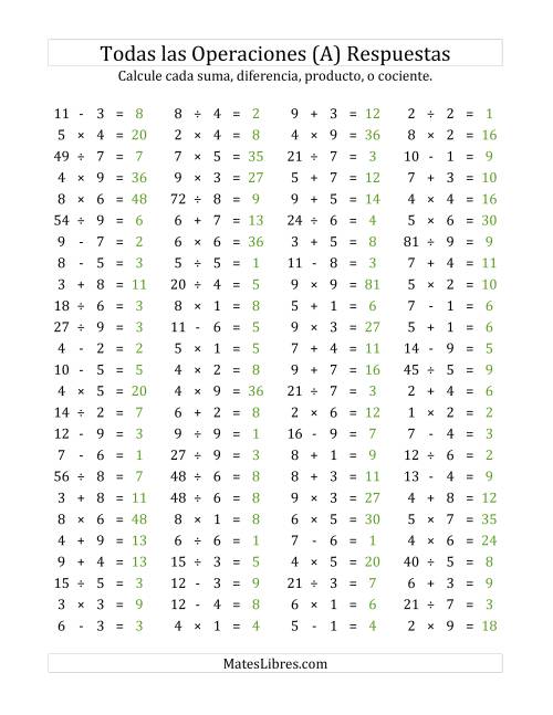 La hoja de ejercicios de 100 Preguntas Horizontales de Suma, Resta, Multiplicación y División (de 1 a 9) (Todas) Página 2