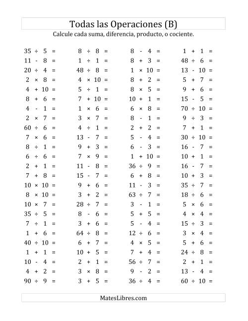 La hoja de ejercicios de 100 Preguntas Horizontales de Suma, Resta, Multiplicación y División (de 1 a 10) (B)