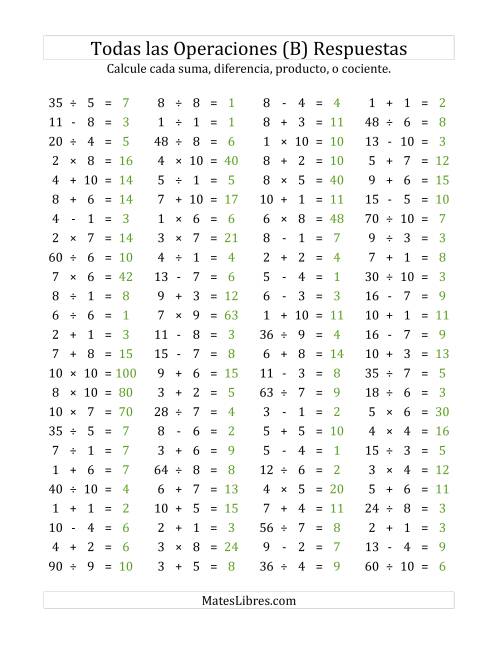 La hoja de ejercicios de 100 Preguntas Horizontales de Suma, Resta, Multiplicación y División (de 1 a 10) (B) Página 2
