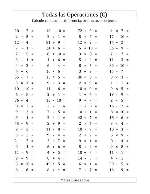 La hoja de ejercicios de 100 Preguntas Horizontales de Suma, Resta, Multiplicación y División (de 1 a 10) (C)