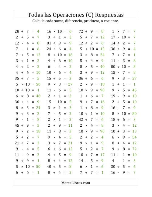 La hoja de ejercicios de 100 Preguntas Horizontales de Suma, Resta, Multiplicación y División (de 1 a 10) (C) Página 2