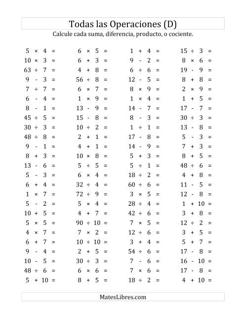La hoja de ejercicios de 100 Preguntas Horizontales de Suma, Resta, Multiplicación y División (de 1 a 10) (D)