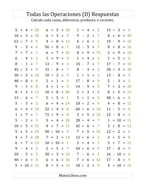 La hoja de ejercicios de 100 Preguntas Horizontales de Suma, Resta, Multiplicación y División (de 1 a 10) (D) Página 2