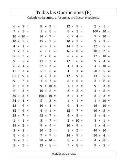 La hoja de ejercicios de 100 Preguntas Horizontales de Suma, Resta, Multiplicación y División (de 1 a 10) (E)