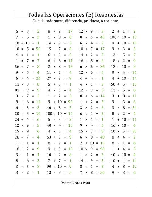 La hoja de ejercicios de 100 Preguntas Horizontales de Suma, Resta, Multiplicación y División (de 1 a 10) (E) Página 2