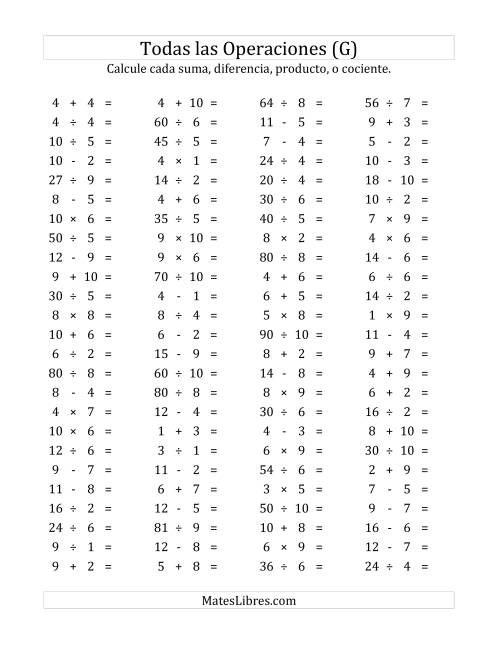 La hoja de ejercicios de 100 Preguntas Horizontales de Suma, Resta, Multiplicación y División (de 1 a 10) (G)