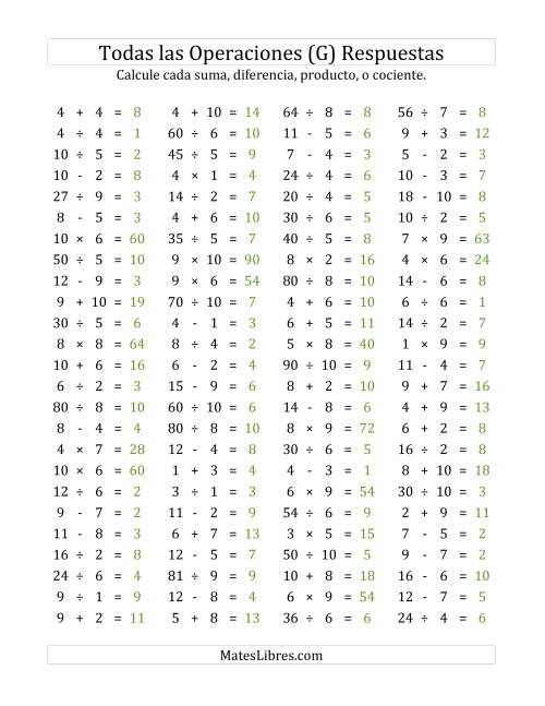 La hoja de ejercicios de 100 Preguntas Horizontales de Suma, Resta, Multiplicación y División (de 1 a 10) (G) Página 2