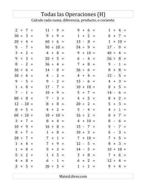 La hoja de ejercicios de 100 Preguntas Horizontales de Suma, Resta, Multiplicación y División (de 1 a 10) (H)