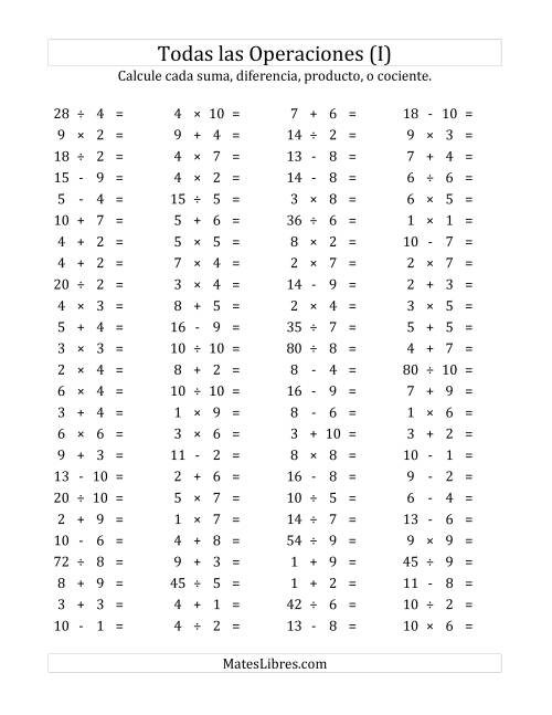 La hoja de ejercicios de 100 Preguntas Horizontales de Suma, Resta, Multiplicación y División (de 1 a 10) (I)