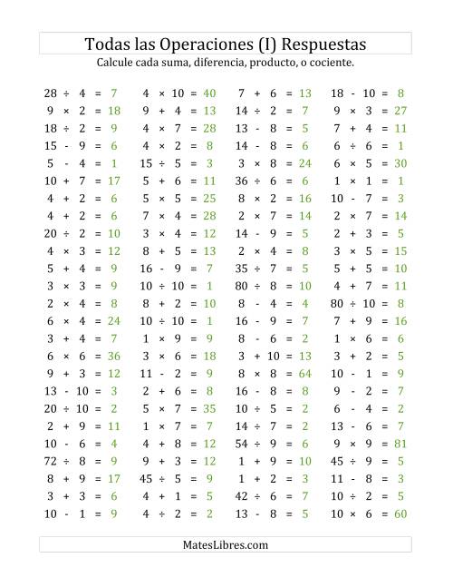 La hoja de ejercicios de 100 Preguntas Horizontales de Suma, Resta, Multiplicación y División (de 1 a 10) (I) Página 2