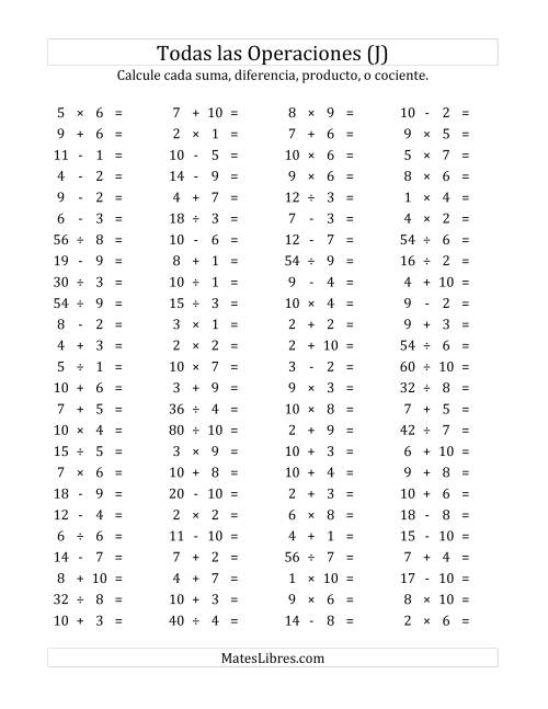 La hoja de ejercicios de 100 Preguntas Horizontales de Suma, Resta, Multiplicación y División (de 1 a 10) (J)