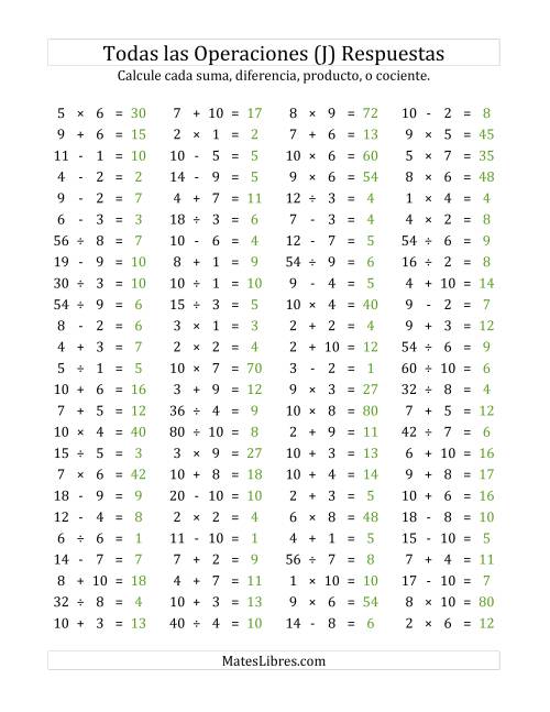 La hoja de ejercicios de 100 Preguntas Horizontales de Suma, Resta, Multiplicación y División (de 1 a 10) (J) Página 2