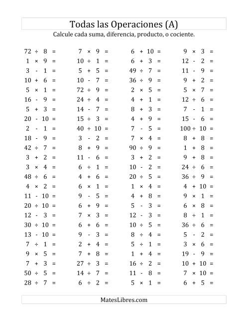 La hoja de ejercicios de 100 Preguntas Horizontales de Suma, Resta, Multiplicación y División (de 1 a 10) (Todas)