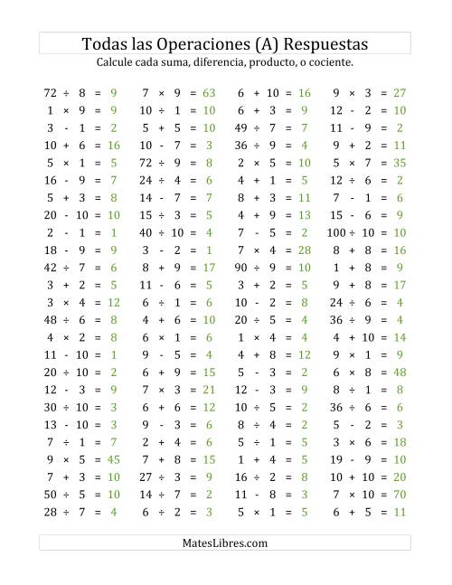 La hoja de ejercicios de 100 Preguntas Horizontales de Suma, Resta, Multiplicación y División (de 1 a 10) (Todas) Página 2