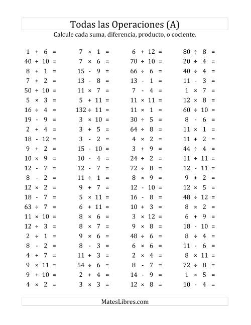 La hoja de ejercicios de 100 Preguntas Horizontales de Suma, Resta, Multiplicación y División (de 1 a 12) (A)