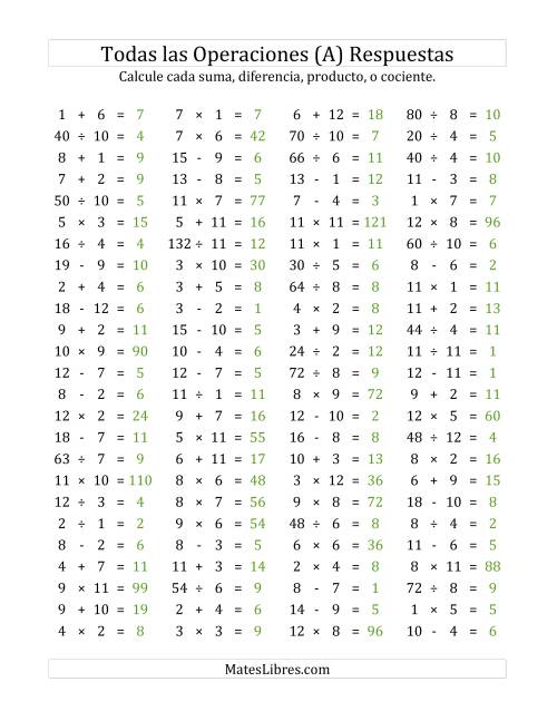 La hoja de ejercicios de 100 Preguntas Horizontales de Suma, Resta, Multiplicación y División (de 1 a 12) (A) Página 2