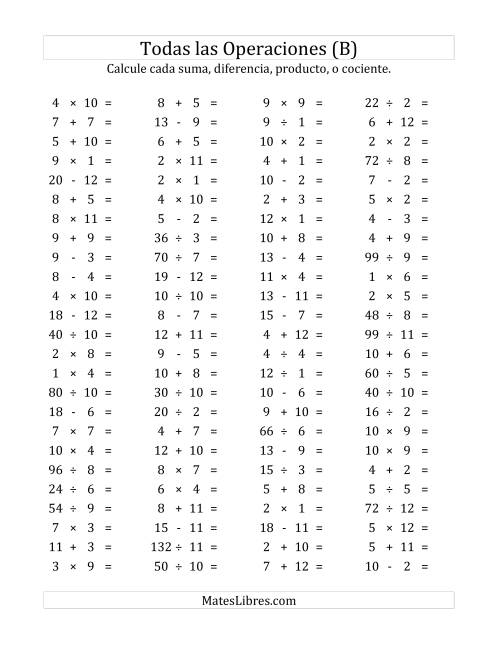 La hoja de ejercicios de 100 Preguntas Horizontales de Suma, Resta, Multiplicación y División (de 1 a 12) (B)