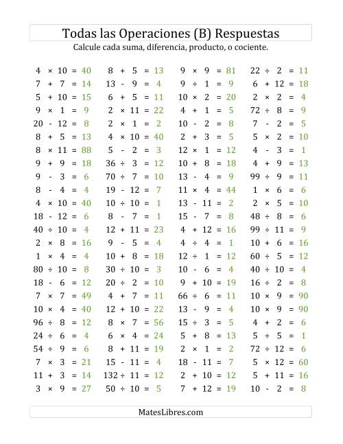 La hoja de ejercicios de 100 Preguntas Horizontales de Suma, Resta, Multiplicación y División (de 1 a 12) (B) Página 2